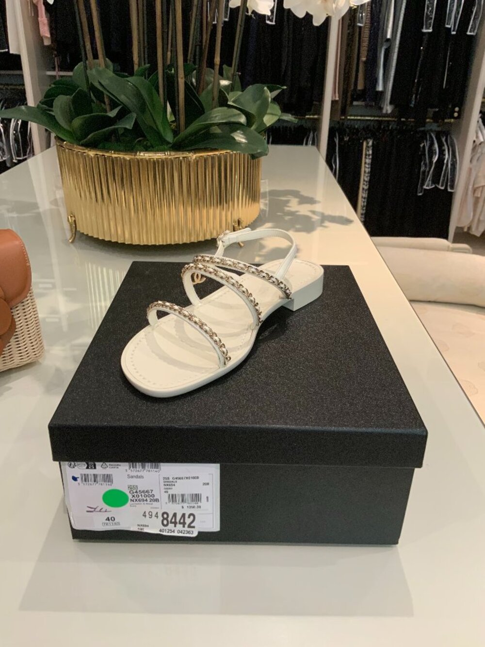 White Chanel Chain-Trimmed Sandals